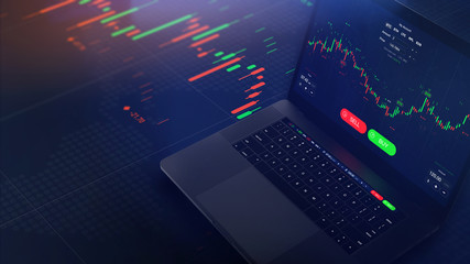 Poster - Futuristic stock exchange scene with laptop, chart, numbers and BUY and SELL options (3D illustration)