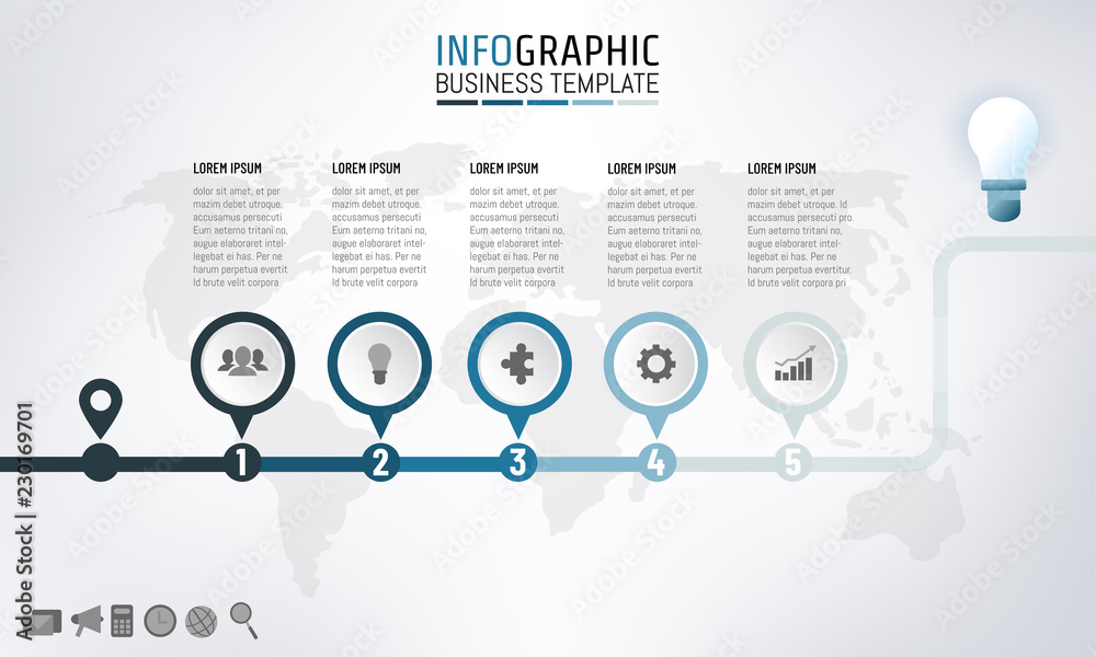 Timeline Work Process Flow Company timeline info graphic template design with 5 options, steps ...