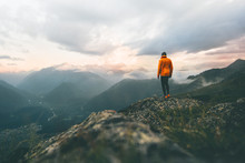 Man Adventurer On Mountain Summit Hiking Traveling Alone Heathy Lifestyle Active Vacations Trail Running Outdoor