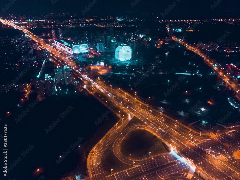 Obraz na płótnie Night panorama of the city of Minsk Belarus, top aerial w salonie