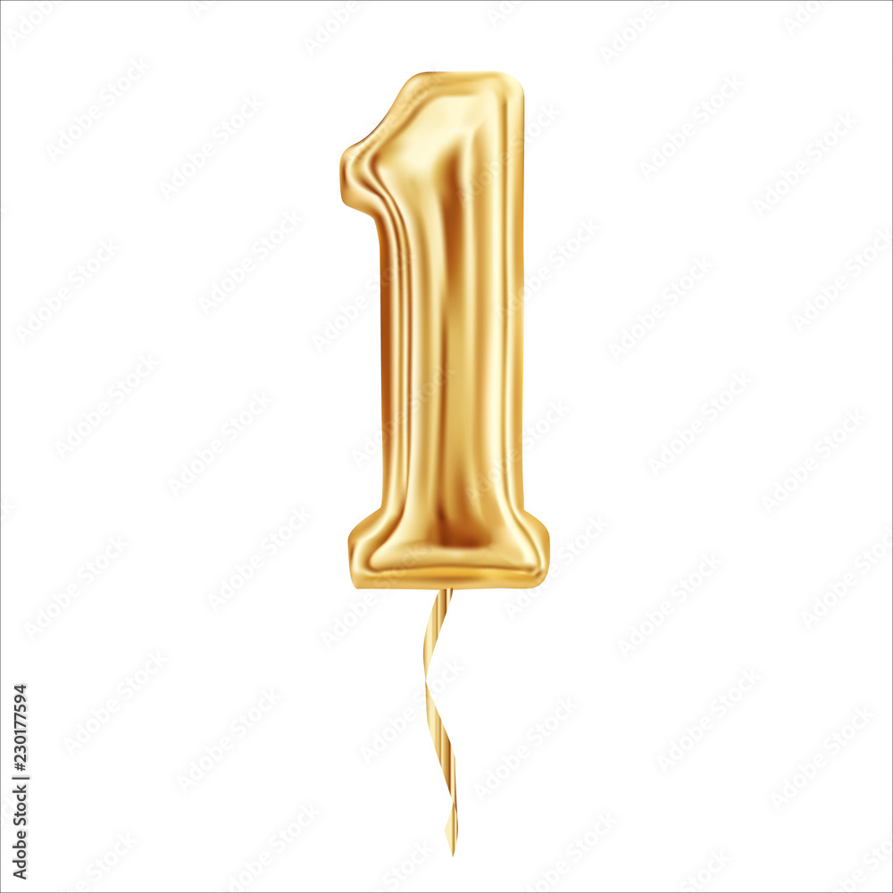 Numeral 1. Foil balloon number One isolated on white background. Vector illustration - obrazy, fototapety, plakaty 