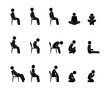 icon man sits, a set of pictograms, various postures and body positions of seated people, stick figure human 