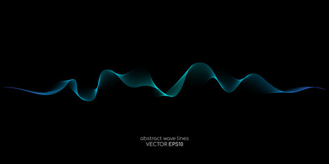 Poster - Abstract vector wave lines green and blue colors isolated on black background for design elements in concept technology, modern, science.