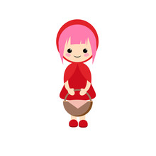 Simple Vector Of Little Red Riding Hood With Short Pink Hair And A Basket Of Piknic In Hands.