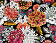  Seamless asian traditional patterns. Japanese painted flowers peonies, chrysanthemums, dahlias