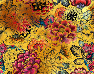  Seamless asian traditional patterns. Japanese painted flowers peonies, chrysanthemums, dahlias