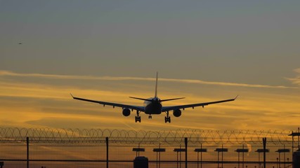 Wall Mural - Silhouette of Airplane Landing at the Airport at Colorful Sunset. Slow Motion. Rear View