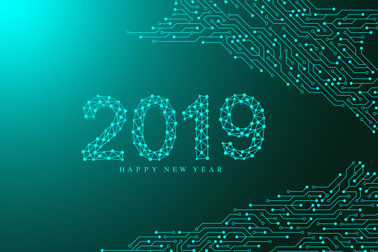 Computer motherboard vector background with circuit board electronic elements. Text design Christmas and Happy new year 2019. Electronic texture for computer technology, engineering concept