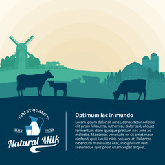 Vector milk illustration with cows, calves and farm