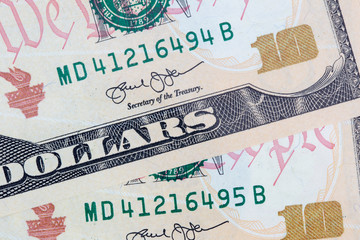 Poster - Ten dollars bills close up consecutive serial numbers