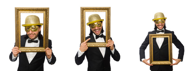 Wall Mural - Funny man with picture frame on white