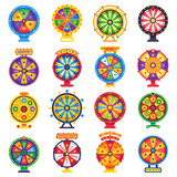 Fototapeta  - Wheel of fortune. Turning lucky spin game wheels, spinning money roulette isolated flat vector set