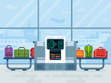 Fototapeta  - Airport luggage scanner. Police secure belt scanners scan airline passengers baggage, passenger checkpoint vector illustration