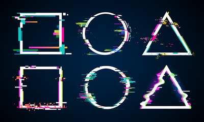 Poster - distorted glitch frame. glitched circle, square and triangle frames. music distortion logo vector el