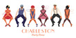 Four flapper girls and two man wearing retro clothes dancing Charleston. Vector Illustration