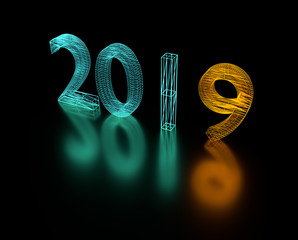 Poster - 3d illustration 2019 New Year wireframe neon light.