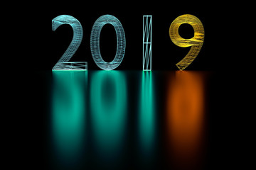 Poster - 3d illustration 2019 New Year wireframe neon light.