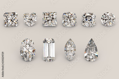 Fotografía Ten the most popular diamond shapes on light gray background