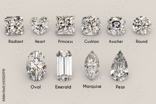 Fotografía Ten the most popular diamond shapes with titles on light gray background