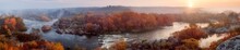 Amazing Panoramic  View Of  Blue Foggy River And Colorful Forest On Sunrise. Autumn Landscape