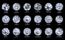 Eighteen Diamond Cut Varieties Of Round Shape With Titles Isolated On Black Background. 3D Illustration
