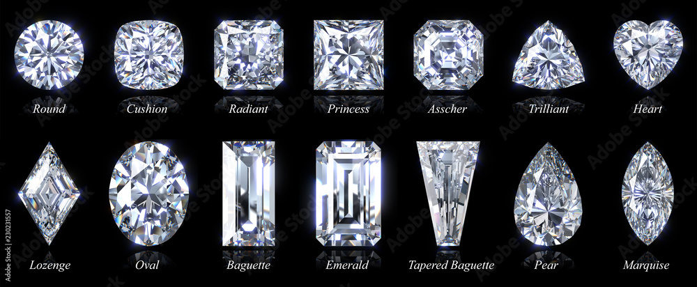 Fourteen popular diamond shapes with titles isolated on black background. 3D illustration - obrazy, fototapety, plakaty 