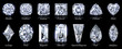 Leinwandbild Motiv Fourteen popular diamond shapes with titles isolated on black background. 3D illustration