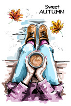 Hand Drawn Woman Sitting And Holding Coffee Cup. Stylish Set With Woman Body, Coffee Cup And Autumn Leaves. Sketch.