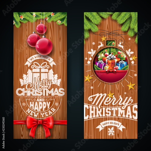 Merry Christmas Banner Design With Glass Ball Star Pine Branch