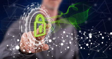 man touching a digital security concept