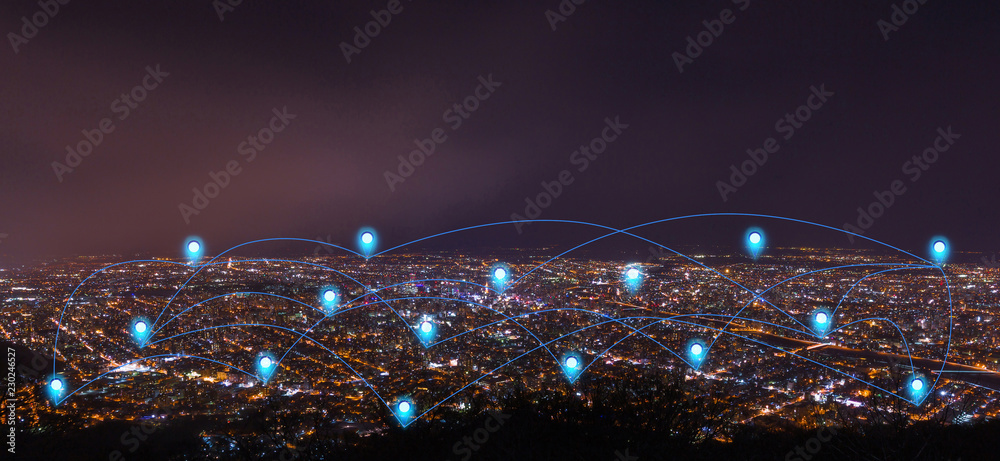 pin flat above night cityscape and glowing networking connection as communication concept - obrazy, fototapety, plakaty 