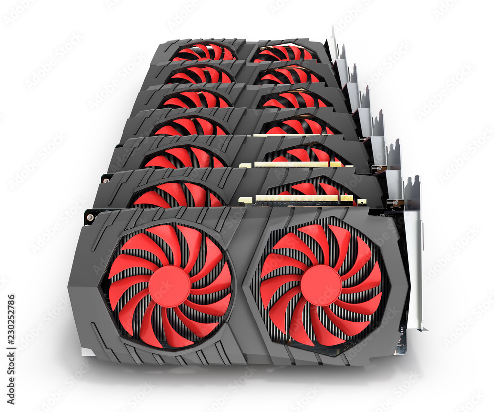 Graphical Card Stack Video Graphic cards GPU laid out in a row isolated on white background ...