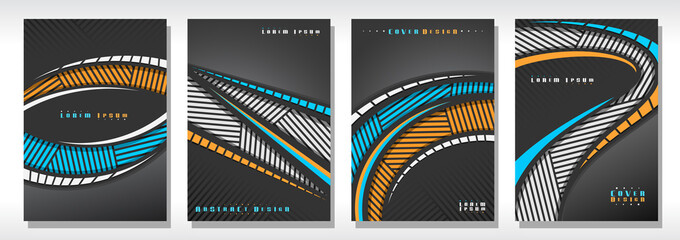 Wall Mural - Vector set of book Covers, 4 grey unusual layouts of simple brochure with copy space for advertising text, mockups with dark backdrop for promotion,  A4 format, leaflets with striped curved ribbons.
