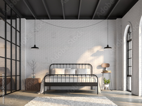 Industrial Loft Bedroom 3d Render There Are White Brick Wall