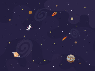 Vector illustration of space, universe. Cute cartoon planets, asteroids, comet, rockets. Kids illustration.