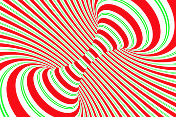 Wall Mural - Christmas festive red and green spiral tunnel. Striped twisted xmas optical illusion. Hypnotic background. 3D render illustration.