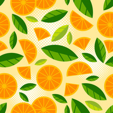 Fruit Seamless Pattern. Orange Or Mandarin Juicy Slice And Piece Of Orange With Leaves On Light Background. Flat Illustration.