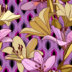  Lilies on vintage seamless pattern.