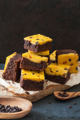 Wall Mural - Brownies with cheese cake made from pumpkin, decorated with pease of chocolate and lingonberry 