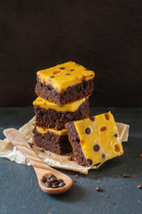 Poster - Brownies with cheese cake made from pumpkin, decorated with pease of chocolate and lingonberry 