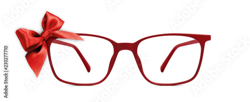 Cuadros en Lienzo christmas eyeglasses gift card, red spectacles and red ribbon bow, isolated on w