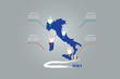 © frank11 - Infographic of the blind map and circle flag of Italy with labels and blank randomly spaced tracker map indicators ready for your text.