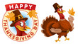 Happy Thanksgiving Day. Cartoon turkey in a pilgrim hat keeps the autumn leaf.