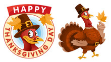 Happy Thanksgiving Day. Cartoon Turkey In A Pilgrim Hat Keeps The Autumn Leaf.