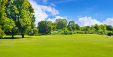 Summer Park With Deciduous Trees And Broad Lawns. Wide Photo.