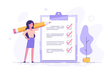 Positive Business Woman With A Giant Pencil On His Shoulder Nearby Marked Checklist On A Clipboard Paper. Successful Completion Of Business Tasks. Flat Vector Illustration.