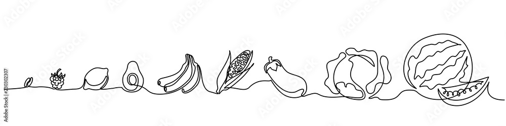 Continuous one line drawing. Vegetables different size from small till big. Vector illustration - obrazy, fototapety, plakaty 