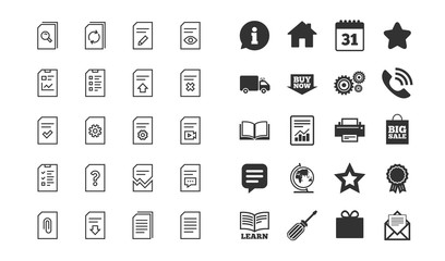 Poster - document management line icons. set of report, checklist and copy signs. download document file, rem