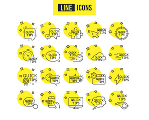 Poster - quick tips line icons. set of helpful tricks, solution and quickstart guide linear icons. tutorials,