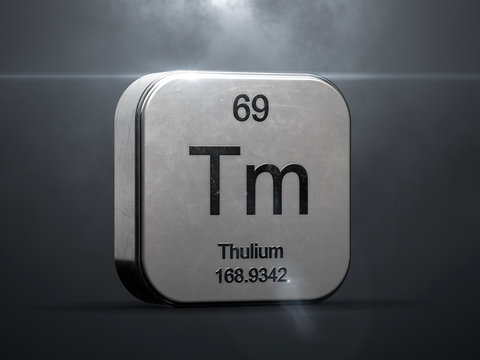 Thullium element from the periodic table. Metallic icon 3D rendered with nice lens flare